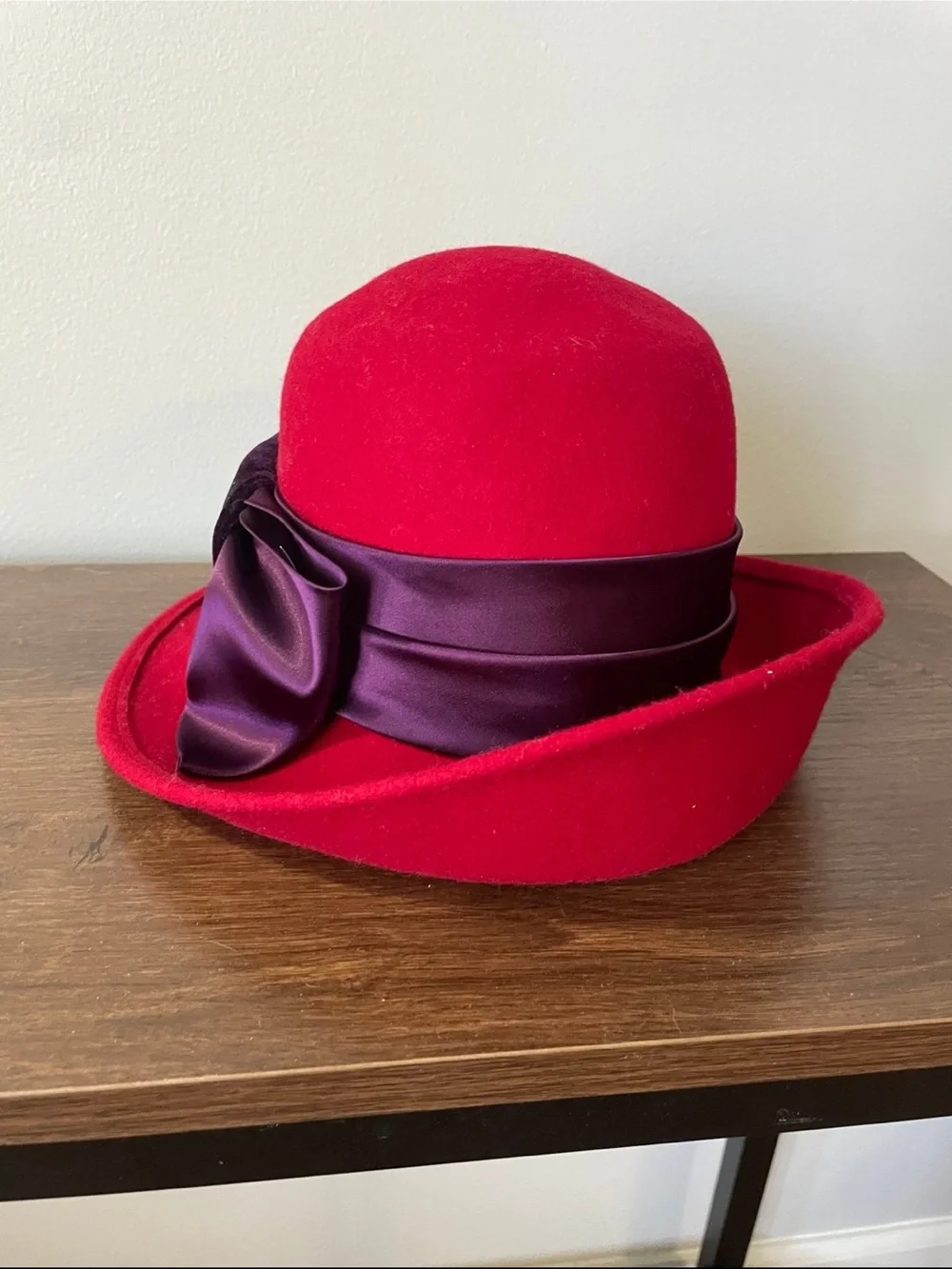 Red Wool Cloche Hat with Purple Bow